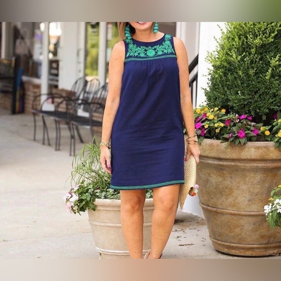 J Crew Factory Shift Dress Med Navy Blue Green Embroidered Linen Blend Pockets - Picture 2 of 12